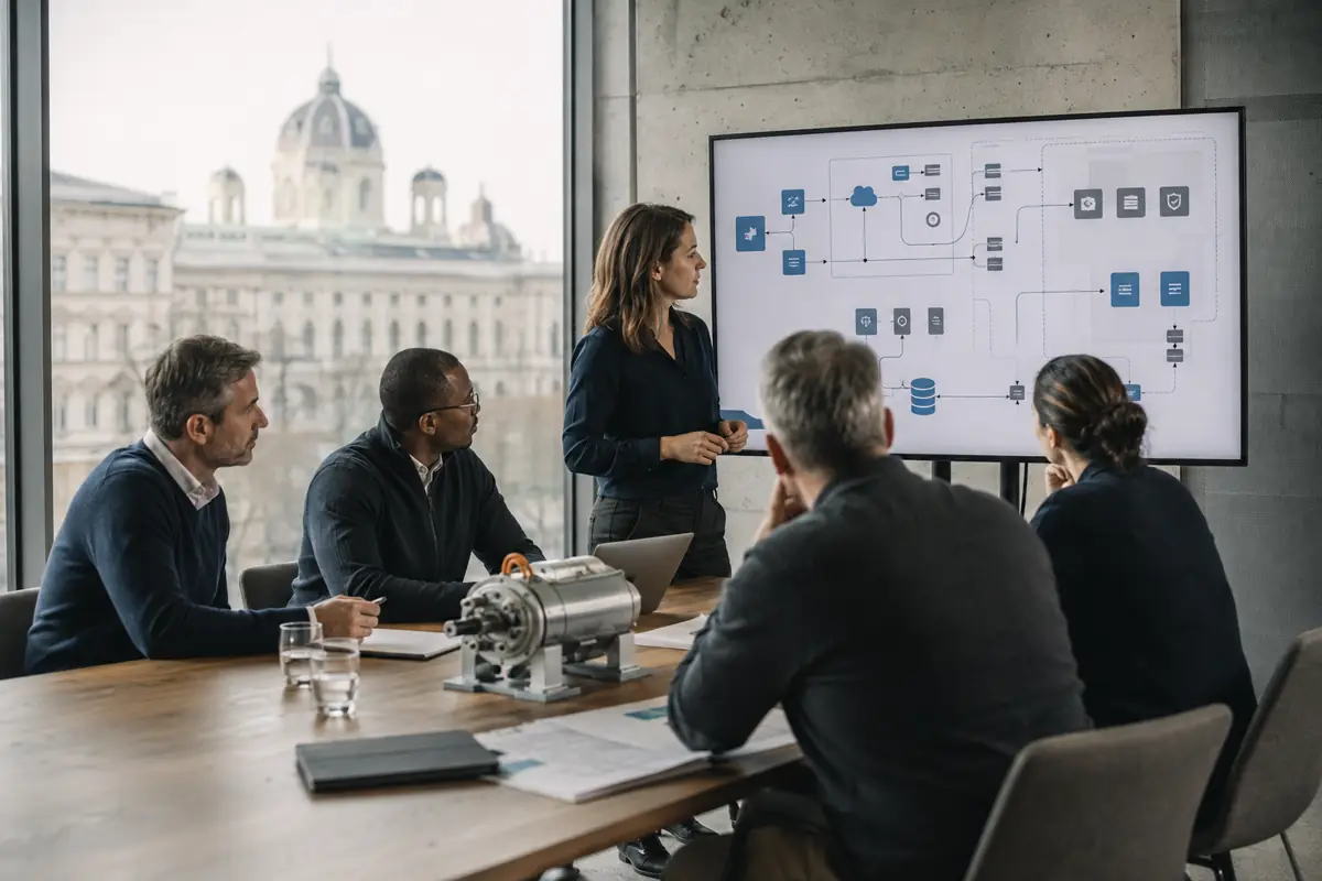 A Vienna product team reviewing a connected industrial product and its AI data pathway before release