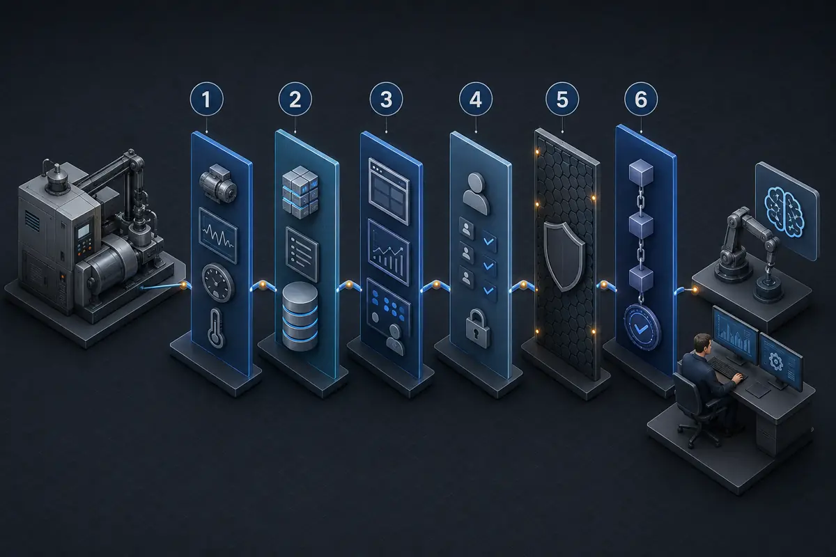 Physical six-layer map connecting product scope, data, access, security, legal boundaries and release evidence