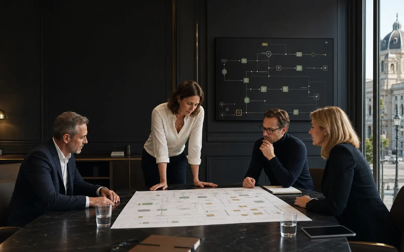 Vienna leadership team reviewing decision ownership and control points in an AI-enabled operating workflow