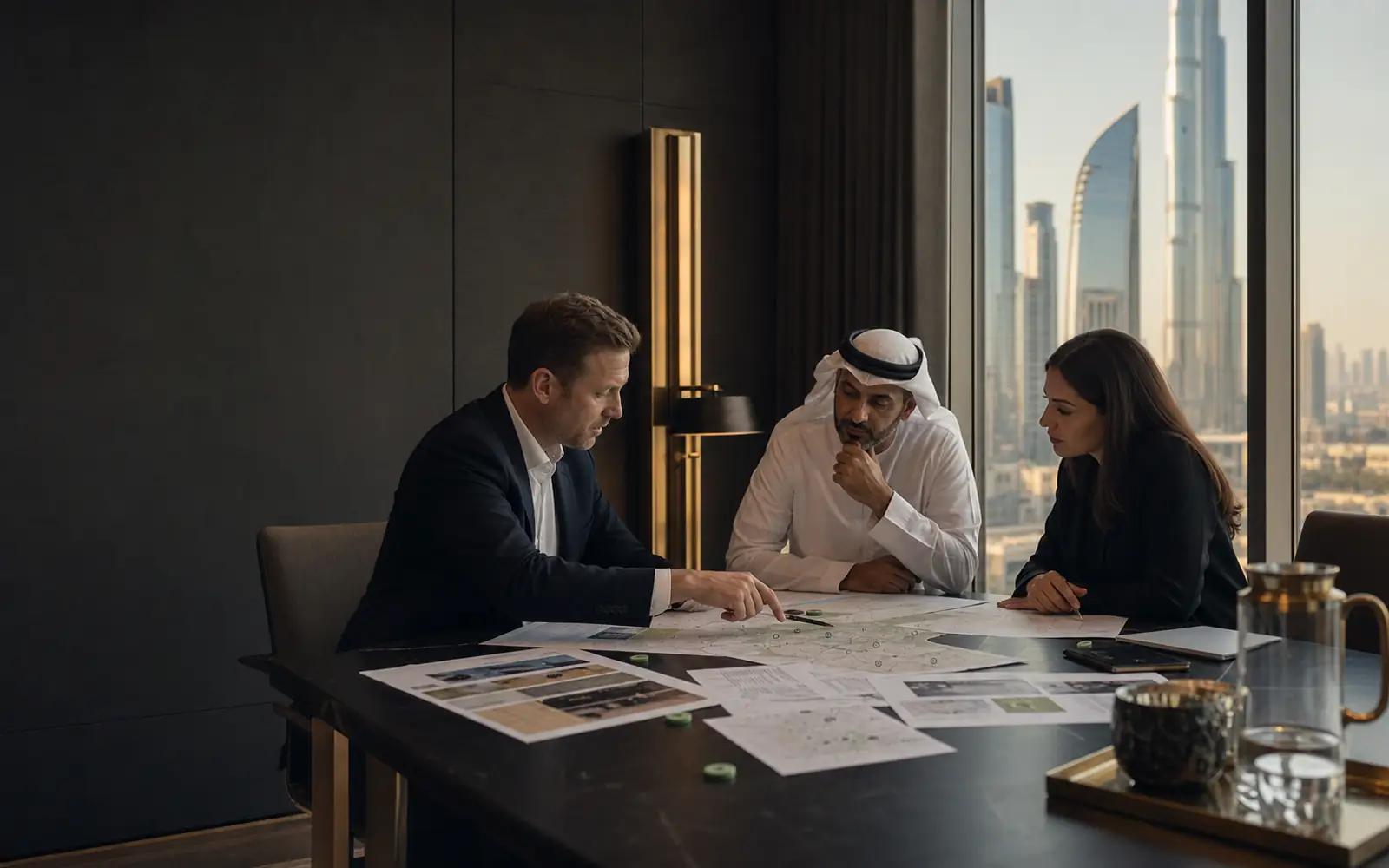 Leadership team reviewing Dubai & GCC Market Entry around a real operating workflow in a restrained dark workspace