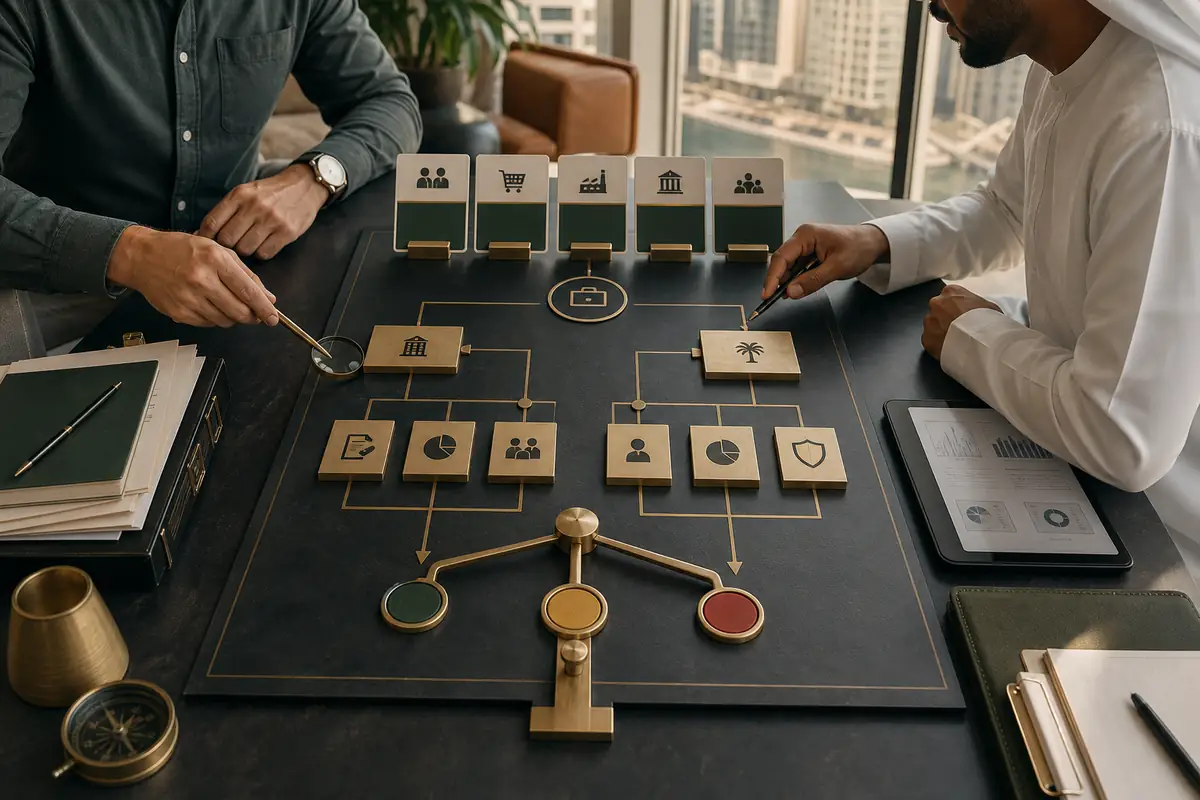 Physical system model for Dubai & GCC Market Entry showing process paths, control gates and accountable operators
