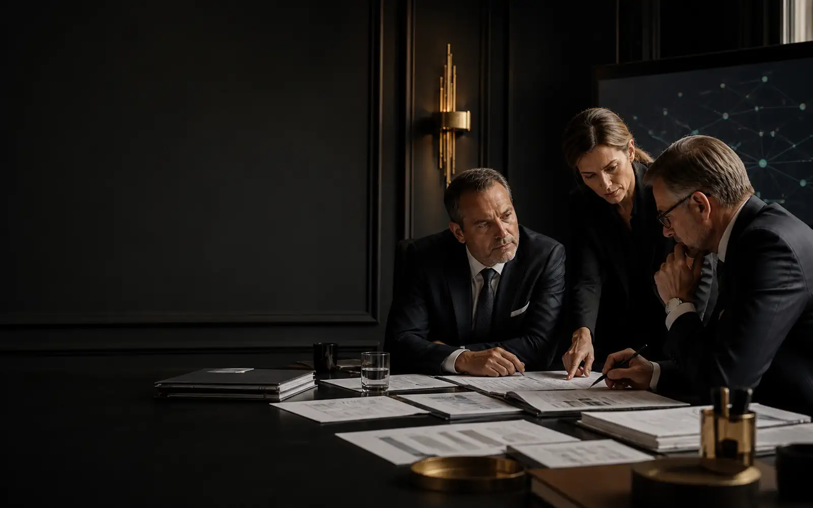 Technical market research team reviewing connected public evidence and industry signals on dark professional displays